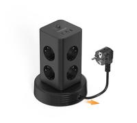 TESSAN Regleta Enchufes con USB C, 11 en 1 Regleta Vertical con Interruptor, Torre Alargador Enchufe con Cable de Extensión Retráctil 2M, 2500W, Negro