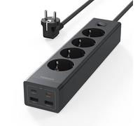 TESSAN Regleta Enchufes con USB C, 20W Carga Rápida GAN | 4 Tomas y 4 Puertos USB, Alargador 2m, Protección Sobretensiones 3600W, Negro
