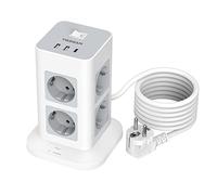 TESSAN Regleta Enchufes Multiple Proteccion Sobretension, Torre Enchufes Vertical 8 Tomas con 1 USB C, Alargador 2M, Regleta USB con Interruptor para Casa, Oficina, 3600W, Gris