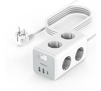 TESSAN Regletas Enchufes de 6 Tomas con 3 USB C, Alargador 5M,Blanco | Ladron Enchufes con 3 USB, Interruptor, 3600W 16A para Cocina, Oficina, Mesa