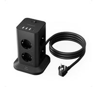 TESSAN Regletas Enchufes Proteccion Sobretension 8 Tomas con 3 USB A y 1 USB C, Torre Enchufes Vertical con Interruptor, 2 Metros Extension Cord, Alargador Enchufe 3600W para Oficina, Casa, Negra