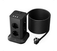 TESSAN Regletas Enchufes Proteccion Sobretension 8 Tomas con 3 USB A y 1 USB C, Torre Enchufes Vertical con Interruptor, 10 Metros Extension Cord, Alargador Enchufe 3600W para Oficina, Casa, Negra