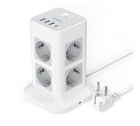 TESSAN Regletas Enchufes Proteccion Sobretension 8 Tomas con 3 USB A y 1 USB C, Torre Enchufes Vertical con Interruptor, 2 Metros Extension Cord, Alargador Enchufe 3600W para Oficina, Casa, Gray