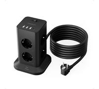 TESSAN Regletas Enchufes Proteccion Sobretension 8 Tomas con 3 USB A y 1 USB C, Torre Enchufes Vertical con Interruptor, 5 Metros Extension Cord, Alargador Enchufe 3600W para Oficina, Casa, Negra