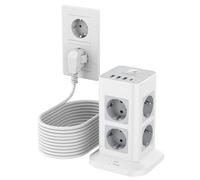 TESSAN Torre Regleta Enchufes con 3 USB A 1 USB C，10M Extension Cord，Gray | Extension Electrica con Interruptor, Protección Sobretensión，3600W, Para Oficina Casa