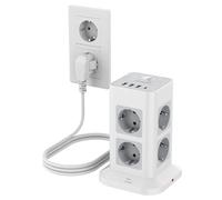TESSAN Torre Regleta Enchufes con 3 USB A 1 USB C，3M Extension Cord，Gray | Extension Electrica con Interruptor, Protección Sobretensión，3600W, Para Oficina Casa