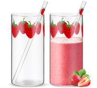 Tessco for you 2 juegos de vasos de fresa de vidrio de fresa con popote para beber, vaso transparente de cereza, vaso con patrón de bayas, botella para jugo, agua, leche, café, té (elegante)
