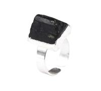 Tesselite Anillos de Piedra: Anillo de Dedo de Cuarzo con Cristal de turmalina Negra Natural para Mujeres y Hombres, joyería de Boda de Fiesta de Piedra de tamaño Irregular, Plateado, Talla única