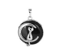 Tesselite Collar de Piedra - Colgante de Luna de Gato de Moda para Collar Redondo Cuarzo Rosa Amatista Piedra Natural Gatito Lindo Joyería Fit Mujer Chica Collares, ónix Negro, Talla única