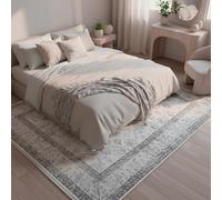 TESSO LIVING Alfombra Grande Kilim Vintage 195x280cm Beige Natural Lavable Antideslizante Salón Comedor Pelo Corto Geométrico Flecos Belga