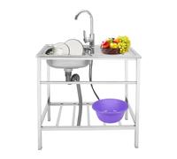 TESUGN Fregadero de acero inoxidable independiente, fregadero comercial con grifo con mangueras de agua fría y caliente, lavabo de un solo cuenco para cocina, lavandería, patio trasero, garaje, 75 x