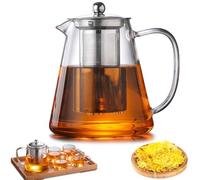 Tetera con colador y tapa, 1300 ml, tetera de vidrio borosilicato, tetera de cristal con filtro extraíble, tetera de cristal, resistente al calor, para té suelto, té de fruta, té perfumado