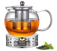Tetera de 1300 ml con colador y tapa, tetera de vidrio borosilicato, tetera de cristal con filtro extraíble y calientaplatos, tetera de cristal para té suelto, té de frutas, té perfumado