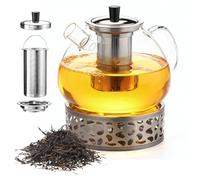 Tetera de 1500 ml con calientaplatos, tetera con colador y tapa, tetera de cristal con filtro extraíble, resistente al calor, para té suelto, té de frutas, té perfumado de flores (plata)