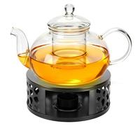 Tetera de cristal de 1000 ml con calentador negro de acero inoxidable, tetera de cristal con colador de cristal y tapa, ideal para preparar té suelto, adecuada para el hogar y la oficina
