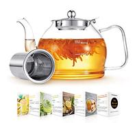 Tetera de cristal, tetera de cristal con infusor extraíble, de 41 onzas transparente para té floreciente, té suelto, tetera de cristal de borosilicato para estufa de té, guía para preparar té