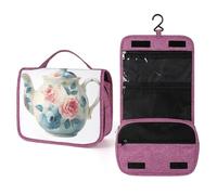 Tetera de porcelana con patrón de rosas, bolsa de aseo de viaje para mujer, organizador de maquillaje colgante con gancho para champú