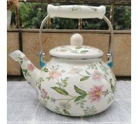 Tetera esmaltada vintage, tetera esmaltada floral, tetera de porcelana esmaltada silbante, tetera turca de agua caliente con mango frío para estufa de cocina