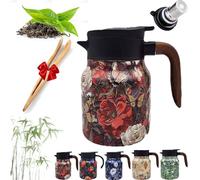 Tetera floral vintage Tetera térmica de acero inoxidable de 1000ml Vertido con una sola mano Aislada al vacío(Red wood,28Oz)