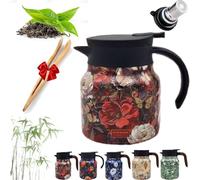 Tetera floral vintage Tetera térmica de acero inoxidable de 1000ml Vertido con una sola mano Aislada al vacío(Red plastic,28Oz)