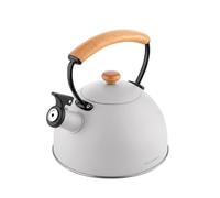 Tetera FLORINA (2,3 l) | Acero Inoxidable NATURA | Tetera Flauta con Mango de Madera | Silbato Automático | Inducción, Estufa de Gas y Estufa Eléctrica | Color: Gris