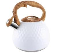 tetera inducción Hervidor de agua con sonido silbato 3 l, acero inoxidable, resistente al calor, patrón martillo, mango madera, utensilios cocina for hervir, inducción a gas(White)
