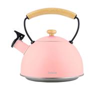 briebe Retro Tetera Inducción Silbante 2,3L, Infusiones, Hervidor de Agua Acero Inoxidable, Todo Tipo de Cocinas, Vitrocerámica, Gas, Mango Madera Tacto Frío, Diseño Vintage, Tea Pot, Rosa Pastel