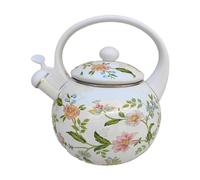 Tetera vintage de esmalte silbante, tetera de acero esmaltado con diseño floral y asa fría al tacto, ideal para camping, 2,2 L(Blanco)