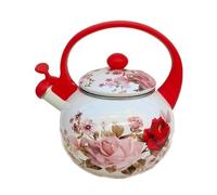 Tetera vintage de esmalte silbante, tetera de acero esmaltado con diseño floral y asa fría al tacto, ideal para camping, 2,2 L(Rojo)