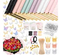 Tetutor 60 hojas de papel de regalo de flores impermeables, hojas de papel de regalo para ramos, ramo de papel de regalo floral con cintas, alfileres de flores, mariposas 3D y coronas para envolver