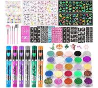 TEUVO 25 Colores Tatuajes Purpurina para Niños con 225 Plantillas, 6 Rotuladores, 2 Hojas Strass, 5 Pinceles, 20 Patrones Tatuajes Estilos Mixtos, Tatuajes Temporales para Halloween Navidad Cumpleaños