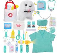 TEUVO Maletin Medico Juguete, Maletin Veterinaria Juguetes con Perritos, Real Estetoscopio, Termómetro, Maletín de Médico Portátil Kit Medico Infantil Juguetes Regalo para Niñas Niños 2 3 4 5 6 7 Años