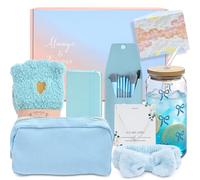 TEUYOE Regalos para niñas adolescentes 9 10 11 12 13 14 15 16 años con vidrio de 500 ml con impresión de lazo, pincel de maquillaje, neceser, cinta para el pelo, calcetines, collar, cuaderno, tarjeta