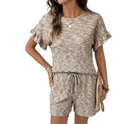 Teuypty Conjunto de 2 Piezas de Corta para Mujer, Pantalones Cortos Casuales de Verano, Conjuntos de Estar por Casa A Juego con Bolsillos Caqui XL