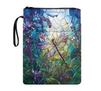 Tevecatos Funda para libros con cremallera y estampado floral de libélula de vidrieras, reutilizable, con correa de muñeca, para profesores, padres, protector de viaje