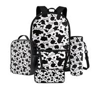 Tevecatos Juego de mochila para niños escolares con fiambrera, bolsa para lápices y soporte para botella de agua, juego de bolsa de libros, paquete de 4, Nota musical Cow Spot, Taille unique