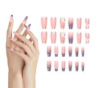 Tewzafiya Uñas postizas lindas con lazos | 24 piezas largas de presión sobre las uñas con cadena de perlas | Pegatinas de manicura francesa para mujeres removibles a mano de belleza para niñas
