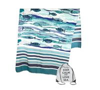 Tex family KEEP CALM - Toalla de playa de fouta con peces azules, 100 x 200 cm, con mochila