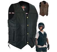 Texpeed Chaleco de cuero para moto - Cuero de motocicleta para hombre - Bolsillos con cremallera originales de motorista/Ajuste de chaleco con lados trenzados Negro - 7XL