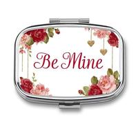 Text Be Mine - Pastillero portátil con 2 compartimentos para decoración de rosas rojas y rosas, organizador de pastillas de viaje para bolso de bolsillo