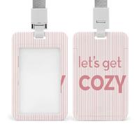 Text Let's Get Cozy on White Pink Stripes - Soporte retráctil para tarjetas de identificación, protector de tarjetas, placa de nombre, etiqueta de nombre para trabajo, oficina, médico, enfermera