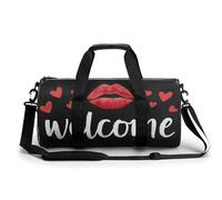 Text Welcome and Red Lipstick Kiss Mark - Bolsa de viaje para gimnasio y gimnasio para mujeres y hombres, bolsa de deporte con correa para el hombro