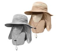 Textiluna 2 Pieces Men's Wide Brim Fishing Hat Outdoor UPF 50+ Protection Removable Face and Neck Flap(Khaki+Light Grey)
