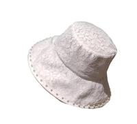 Textiluna Sombrero de Pescador Transpirable con Perlas Huecas, for Mujer, Informal, con Encaje, Protector Solar, Ligero(White)