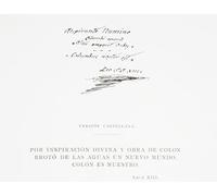 Texto y firma del Papa León XIII escrito en el 400 aniversario del descubrimiento de Colón de América en 1492. Escrito en latín se traduce así Por inspiración divina y obra de Colón un nuevo mundo