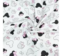 Textrend, tela de algodón, tela para coser, 100% algodón, motivo de ratón, tela textil 1x1,6m, tela por metro, patchwork (MIKI pequeño negro y rosa con lazo sobre fondo blanco)