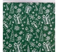 Textrend, tela de algodón, tela para coser, 100% algodón, motivo festivo, textiles 1x1,6m, tela por metro, patchwork (Contorno de un árbol de Navidad con regalos sobre fondo verde)