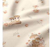TexTrend Telas por Metro - Algodón - 1 Metro 160 x 100 cm - Tela para Costura - Niños - Búhos Flores Albaricoque Claro