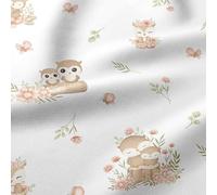 TexTrend Telas por Metro - Algodón - 1 Metro 160 x 100 cm - Tela para Costura - Niños - Búhos Flores Blanco