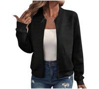 Textured Bomber Jacket For Women Full Zip Ribbed Trim With Pockets (black,M)